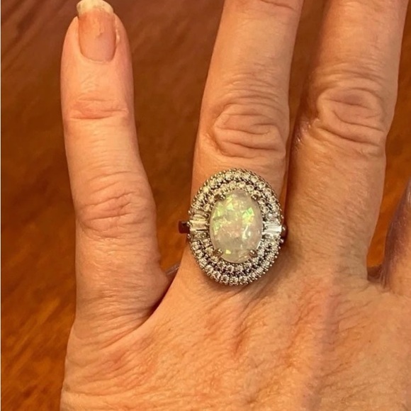 14K White Gold Ring Opal 5CT Halo Diamond Oval Baguette Wedding Engagement - Picture 5 of 11